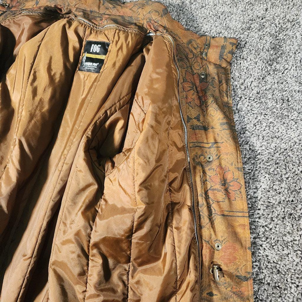 Vintage 1980s London Fog Trench Coat, Brown Floral Thinsulate Insulated Jacket (Medium)