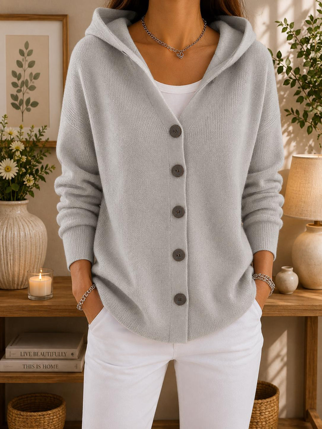 Women's Cozy Hooded Cardigan | Button Front Knit Sweater | Casual Fall Winter Layering