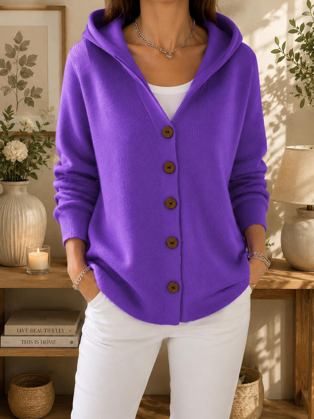 Women's Cozy Hooded Cardigan | Button Front Knit Sweater | Casual Fall Winter Layering