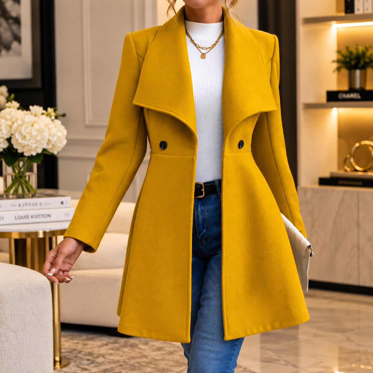 Women's Long Polyester Coat, Elegant Button Front Jacket, Tailored Lapel Outerwear, Casual Fall Winter