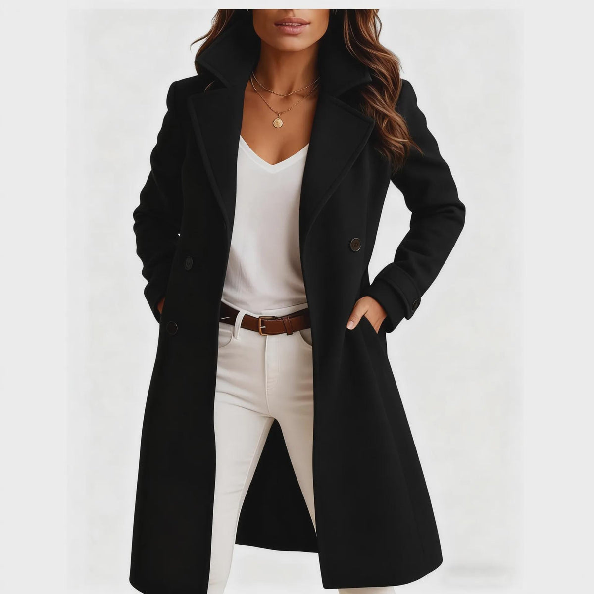 Women's Mid Length Coat, Single Breasted Lapel Jacket, Elegant Long Sleeve Coat With Pockets, Casual Office Outerwear, Fall Winter Coat