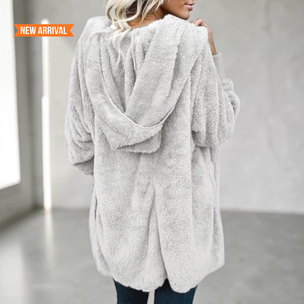 Women's Fuzzy Hooded Jacket Sherpa Cardigan Open Front Cozy Fall Winter Coat