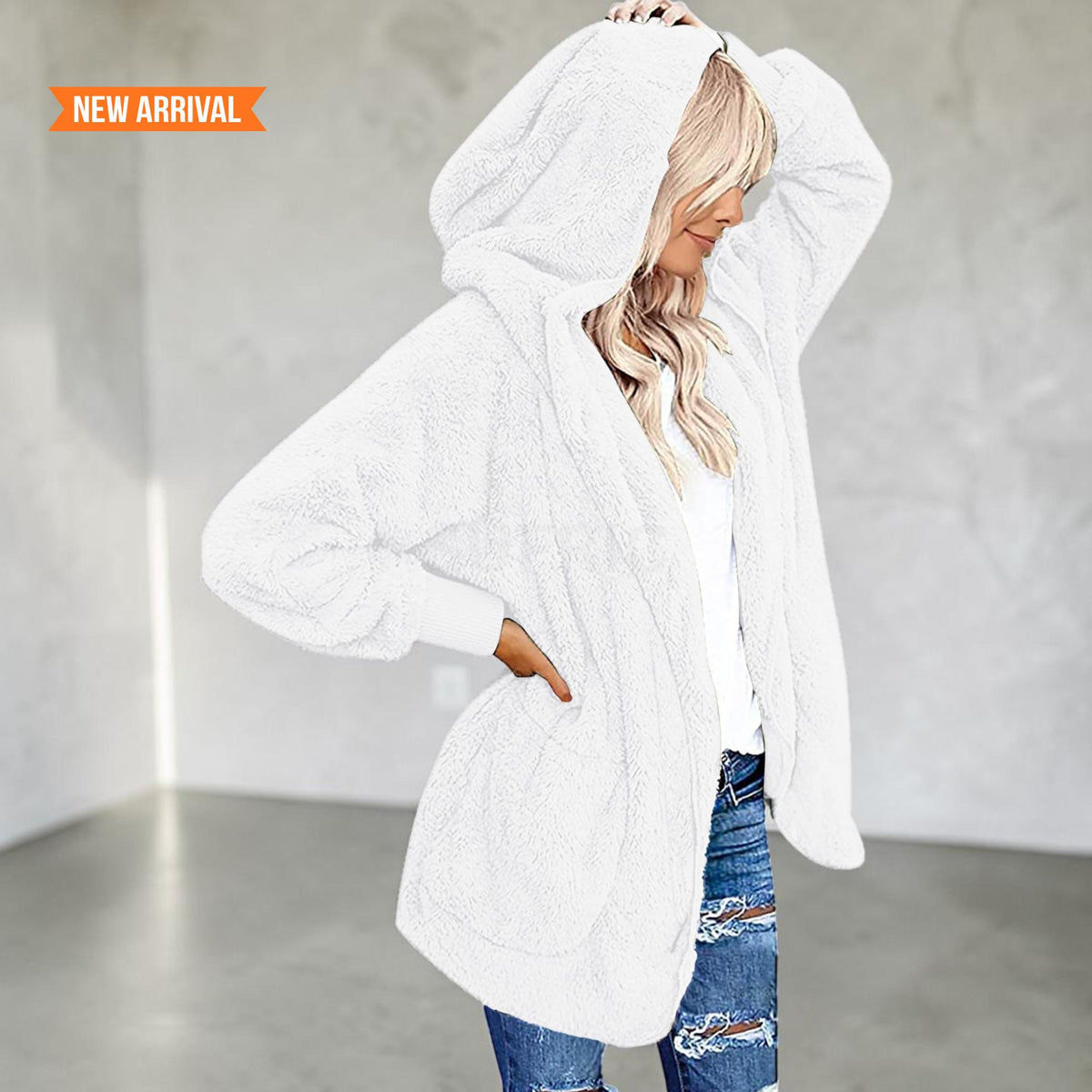 Women's Fuzzy Hooded Jacket Sherpa Cardigan Open Front Cozy Fall Winter Coat