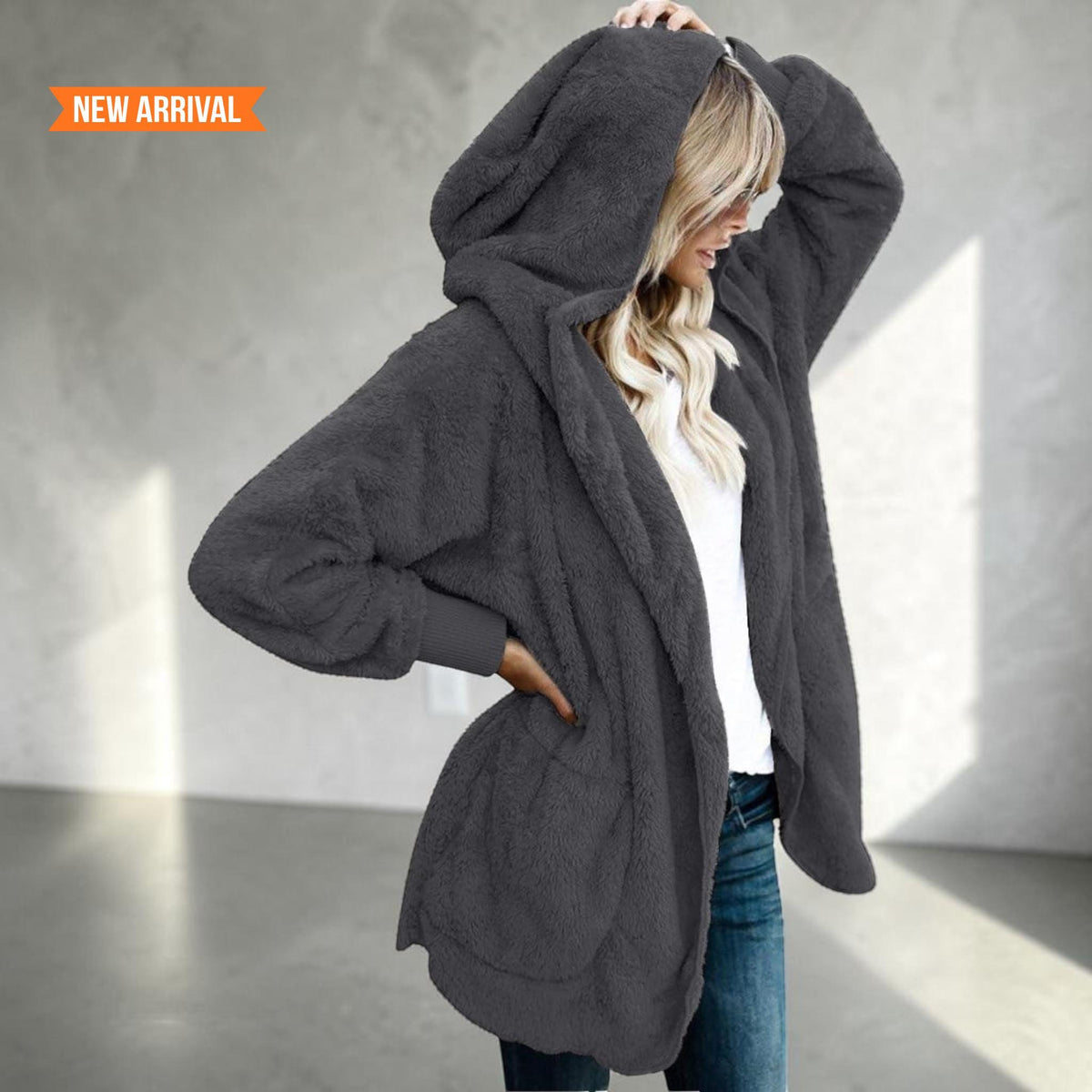 Women's Fuzzy Hooded Jacket Sherpa Cardigan Open Front Cozy Fall Winter Coat