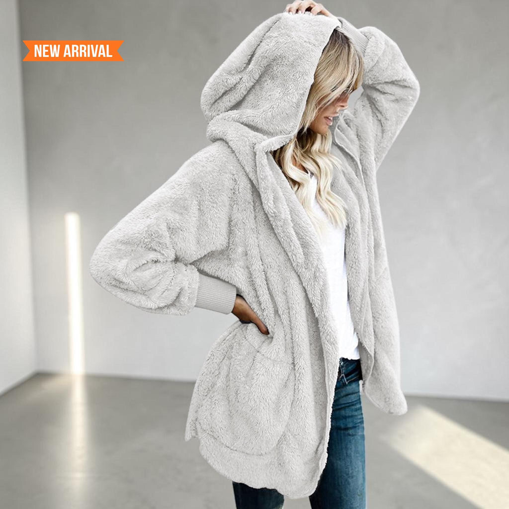 Women's Fuzzy Hooded Jacket Sherpa Cardigan Open Front Cozy Fall Winter Coat
