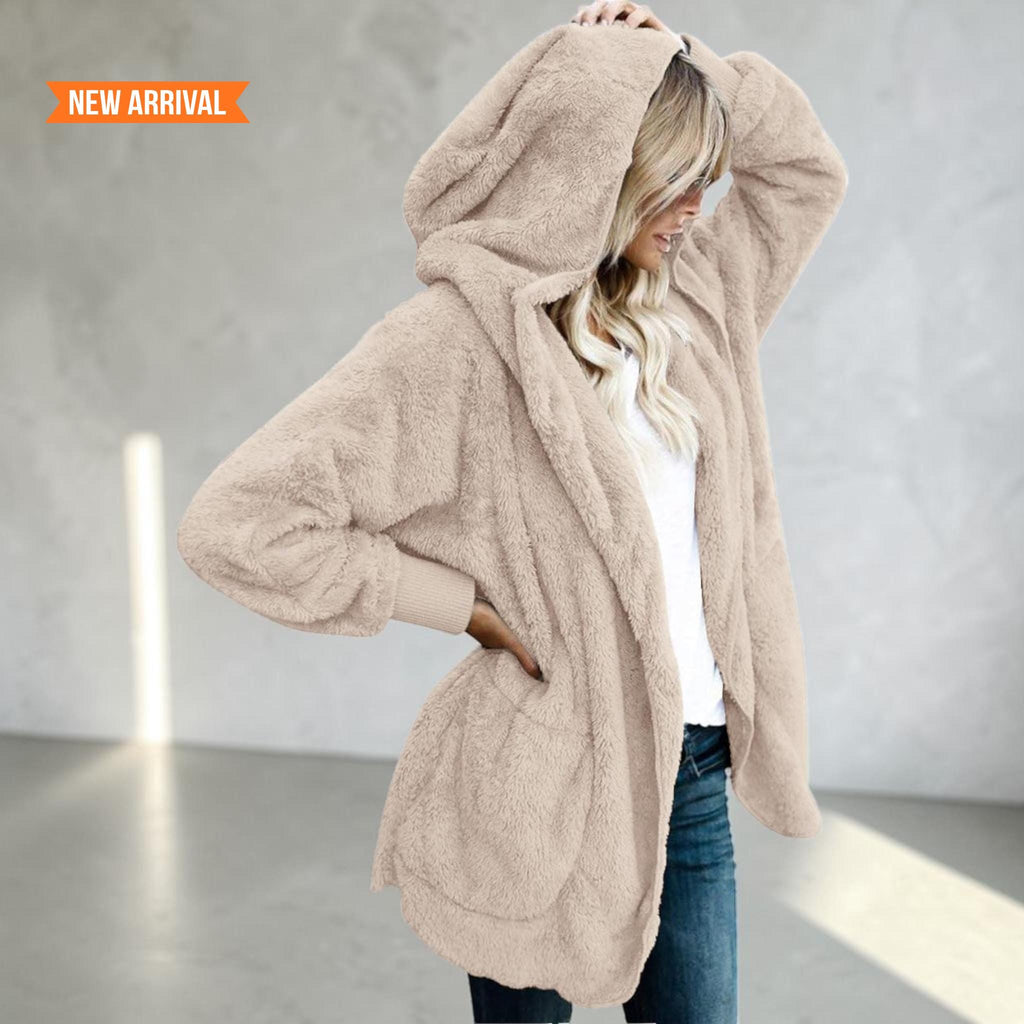 Women's Fuzzy Hooded Jacket Sherpa Cardigan Open Front Cozy Fall Winter Coat