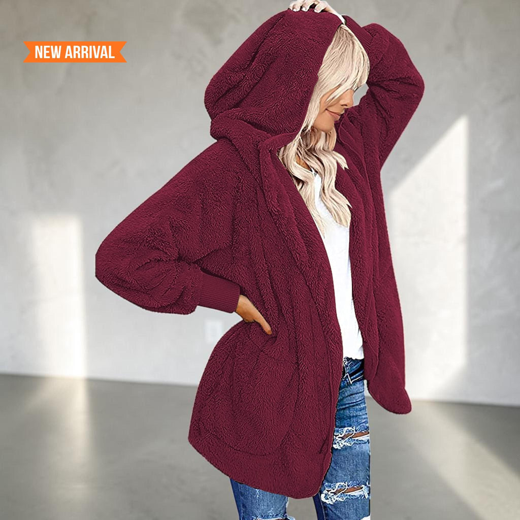 Women's Fuzzy Hooded Jacket Sherpa Cardigan Open Front Cozy Fall Winter Coat