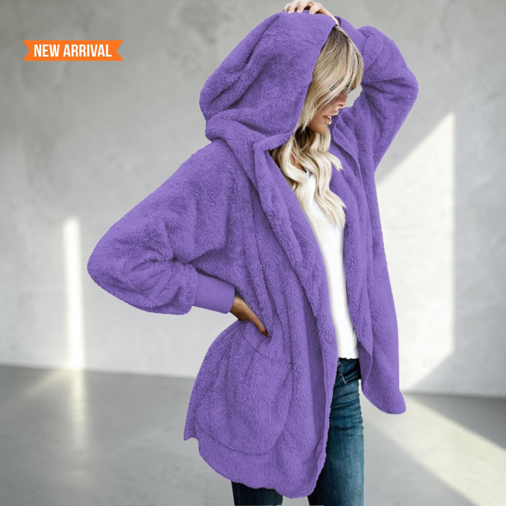 Women's Fuzzy Hooded Jacket Sherpa Cardigan Open Front Cozy Fall Winter Coat
