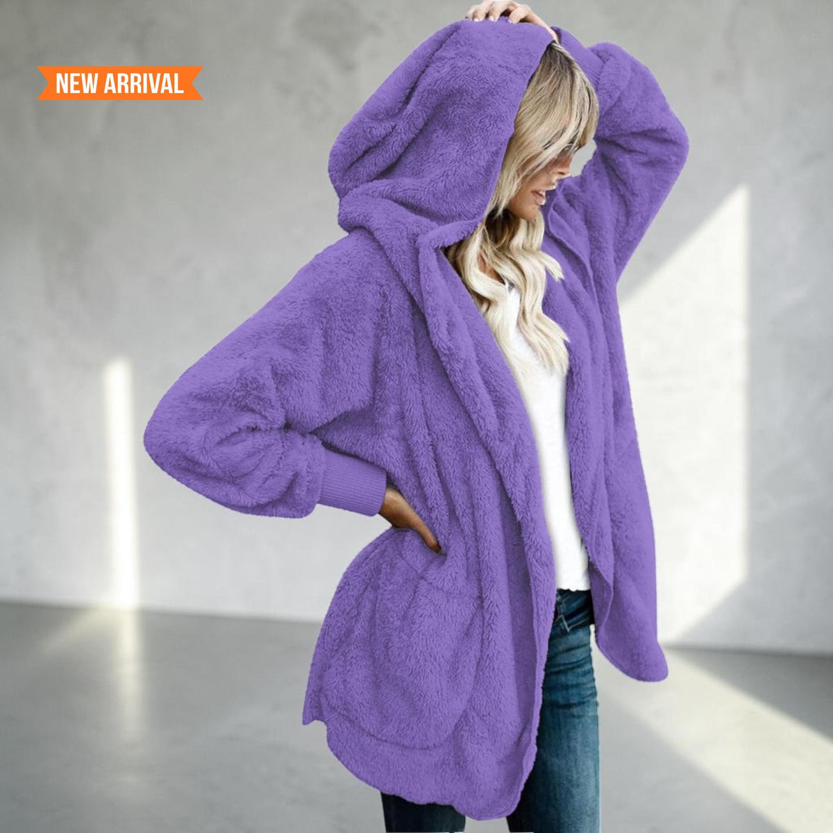 Women's Fuzzy Hooded Jacket Sherpa Cardigan Open Front Cozy Fall Winter Coat