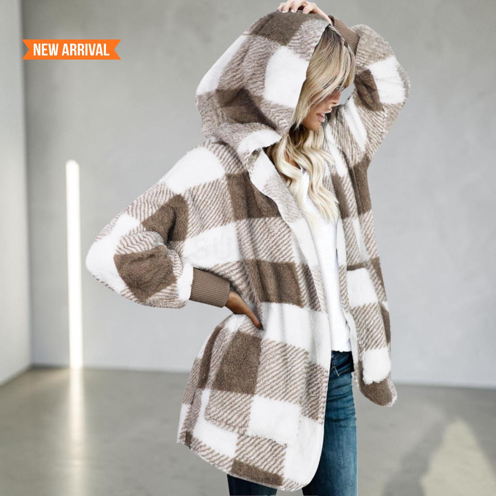 Women's Fuzzy Hooded Jacket Sherpa Cardigan Open Front Cozy Fall Winter Coat