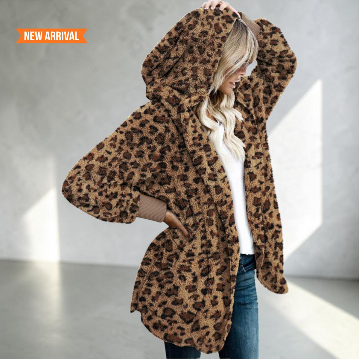 Women's Fuzzy Hooded Jacket Sherpa Cardigan Open Front Cozy Fall Winter Coat