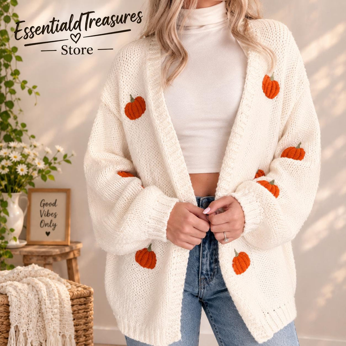Pumpkin Embroidery Cardigan, Women's Open Front Knit Sweater, Long Sleeve Fall Winter Layering Coat