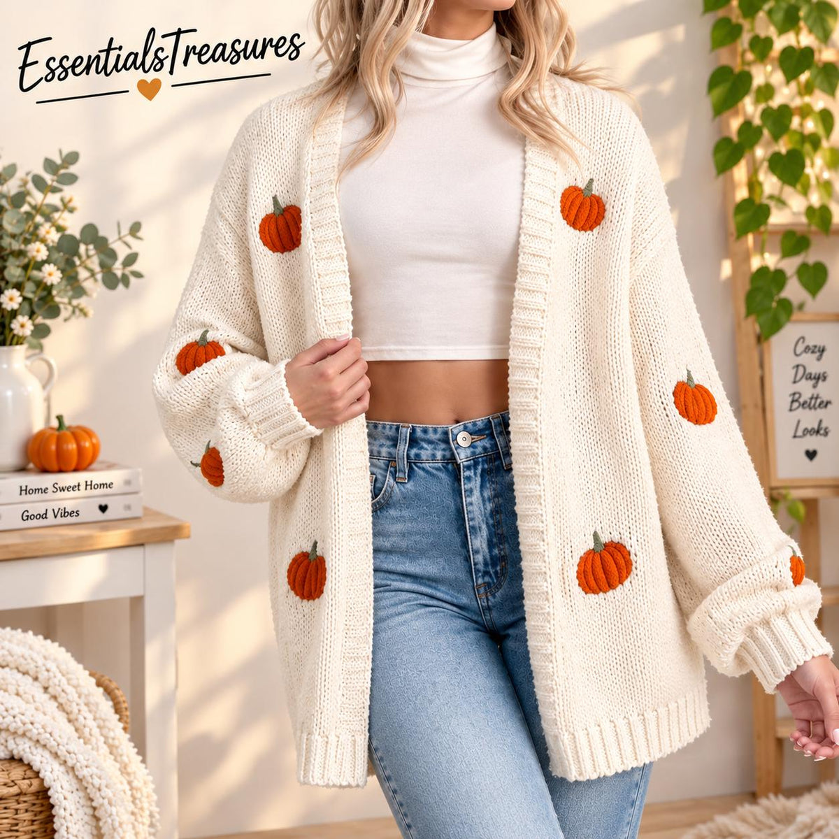 Pumpkin Embroidery Cardigan, Women's Open Front Knit Sweater, Long Sleeve Fall Winter Layering Coat