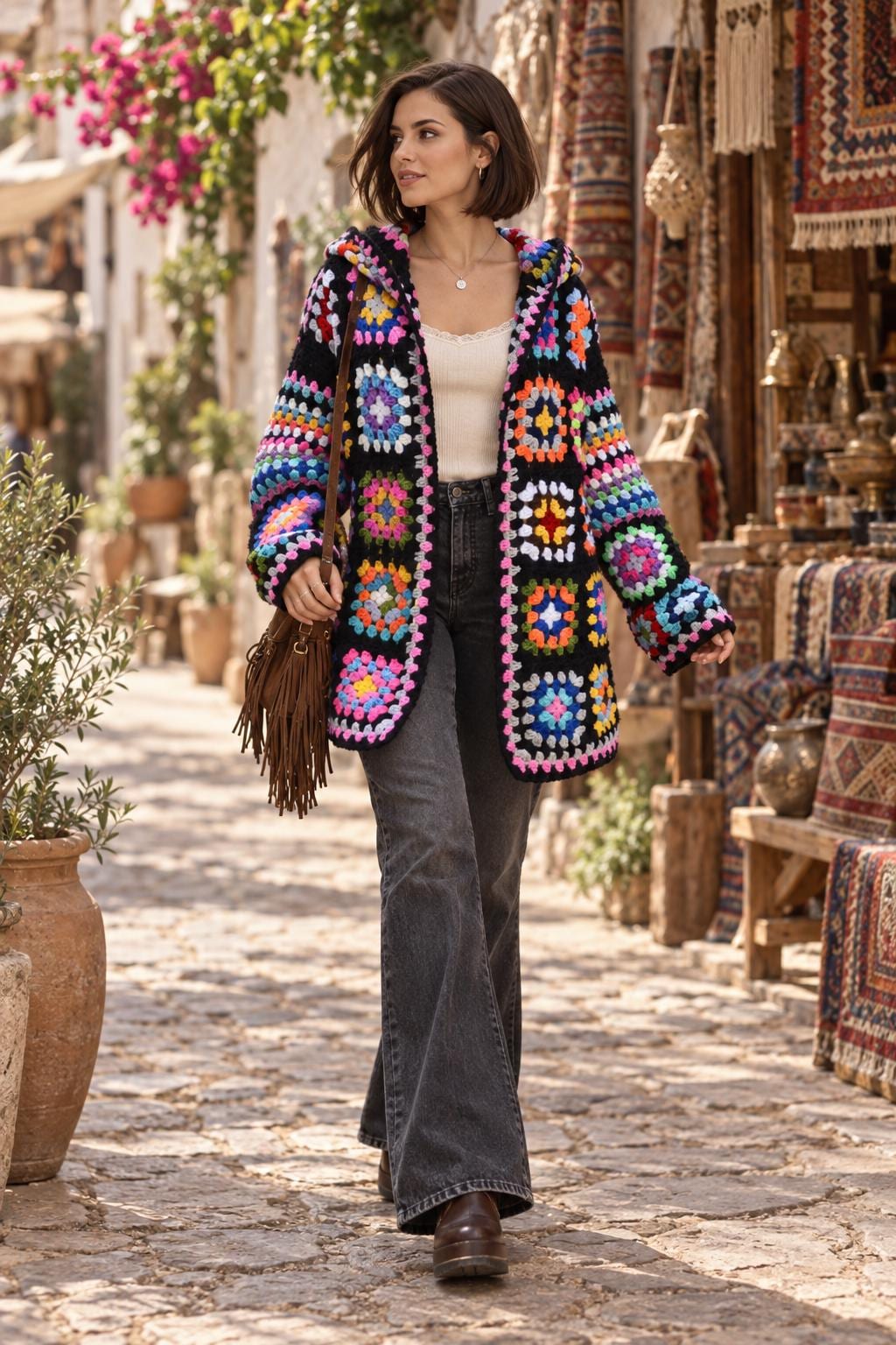 Women's Handmade Wool Blend Knit Cardigan Jacket , Loose Fit Crochet Fall Coat Boho Clothes  Brown Black