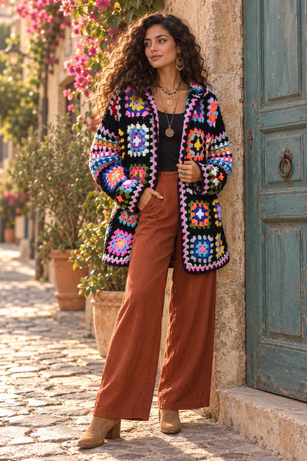 Women's Handmade Wool Blend Knit Cardigan Jacket , Loose Fit Crochet Fall Coat Boho Clothes  Brown Black