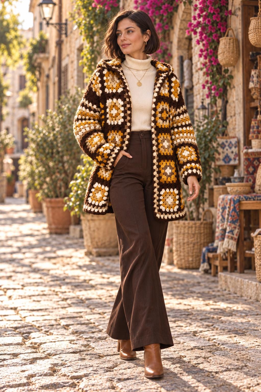 Women's Handmade Wool Blend Knit Cardigan Jacket , Loose Fit Crochet Fall Coat Boho Clothes  Brown Black