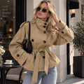 Women's Cropped Trench Coat, Belted Double Breasted Jacket, Stand Collar Lightweight Fall Spring Jacket, Vintage Minimalist Outerwear