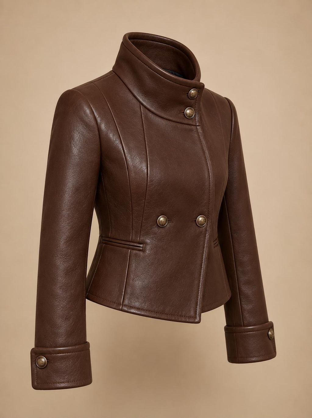 Women's Wool Jacket, Brown Military Style Coat, High Collar Tailored Fall Winter Outerwear