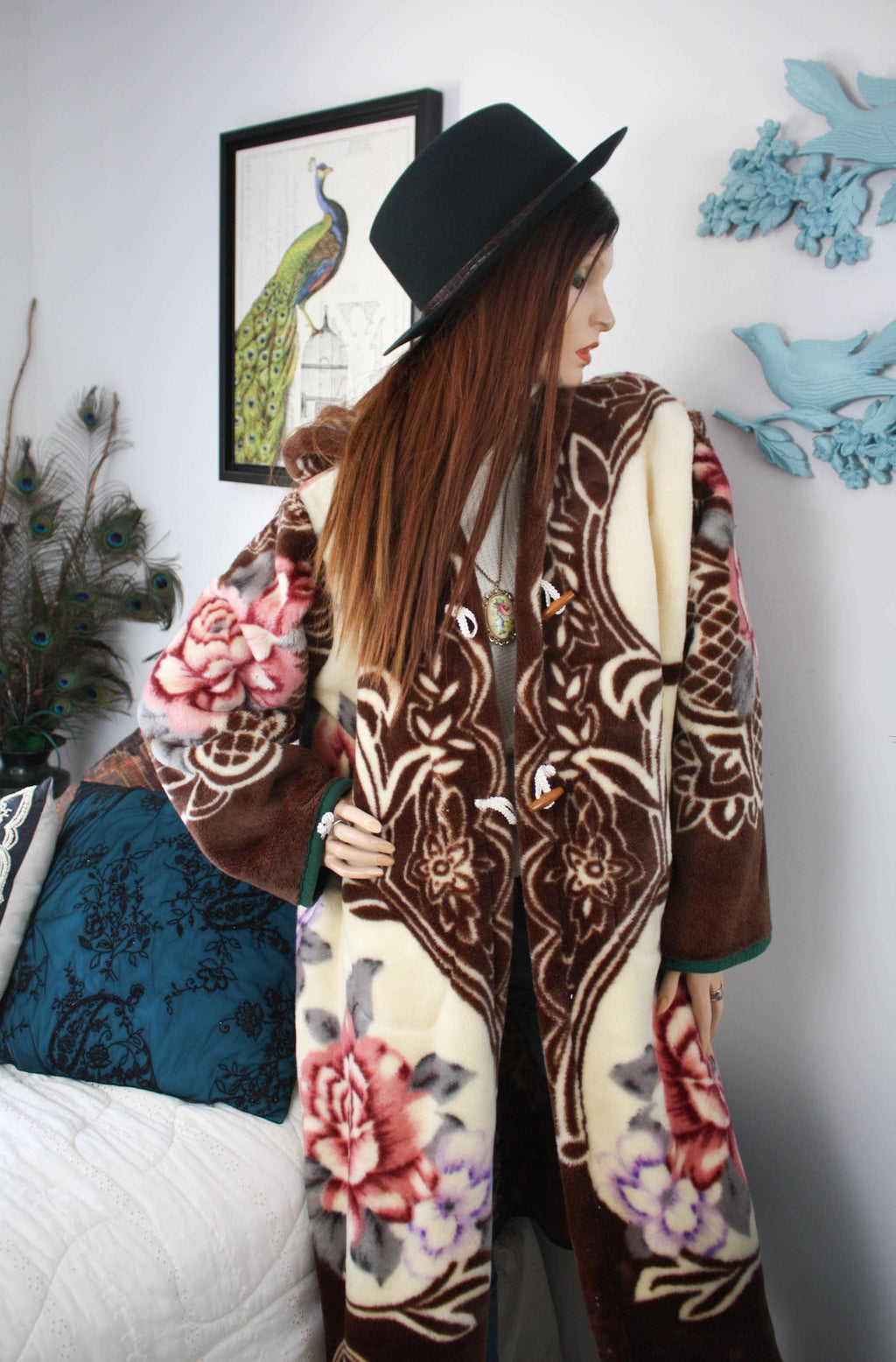 Vintage Floral Fleece Hooded Kimono Jacket - Upcycled Cottagecore Cozy Button Up Overcoat
