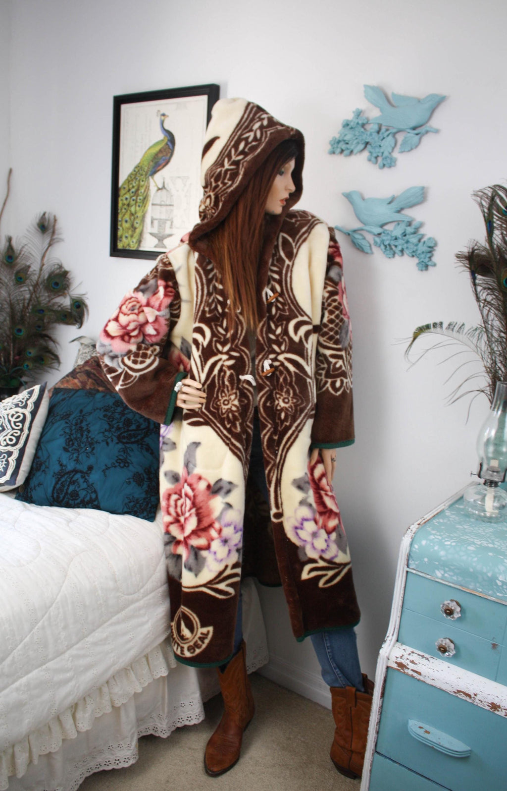 Vintage Floral Fleece Hooded Kimono Jacket - Upcycled Cottagecore Cozy Button Up Overcoat