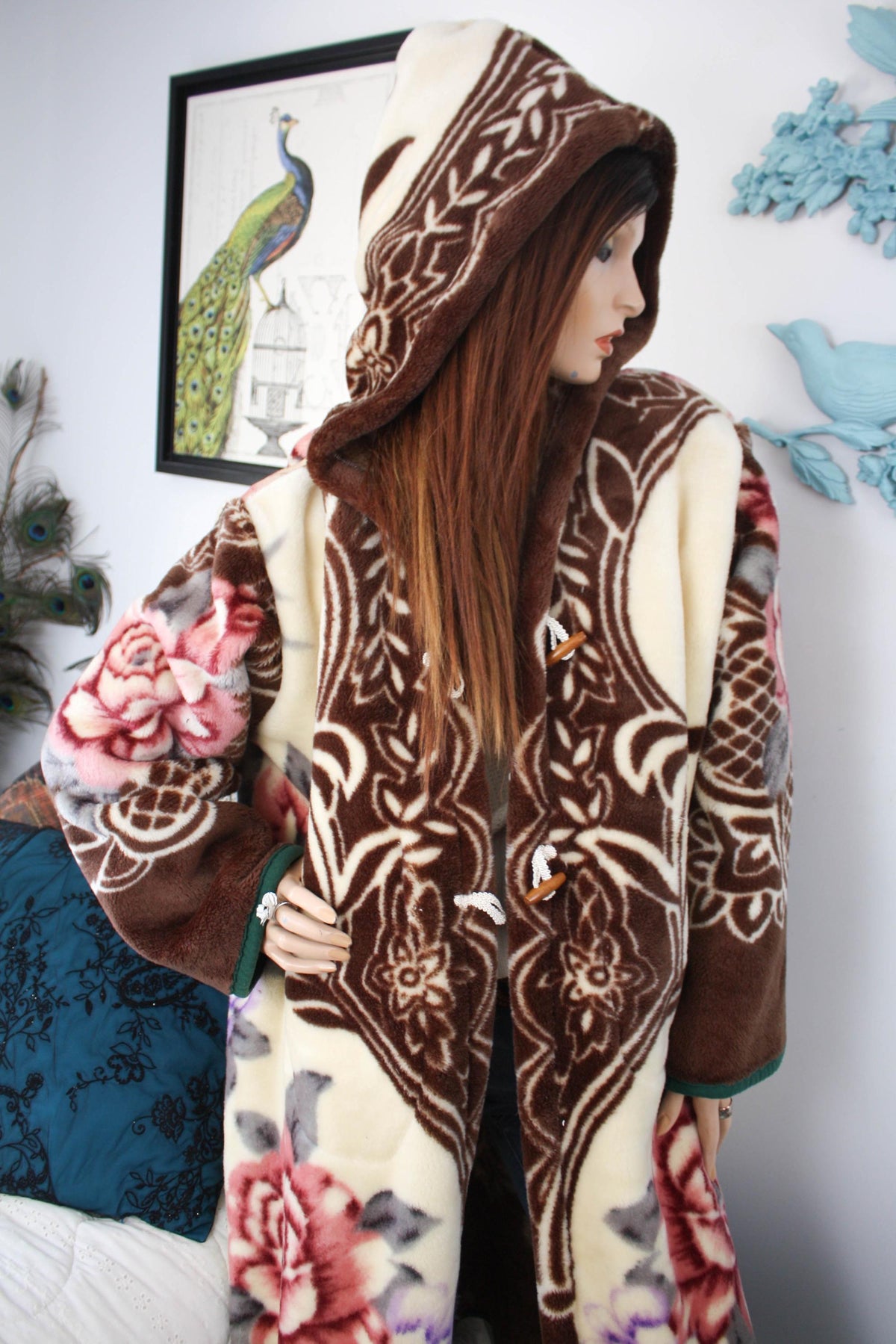 Vintage Floral Fleece Hooded Kimono Jacket - Upcycled Cottagecore Cozy Button Up Overcoat