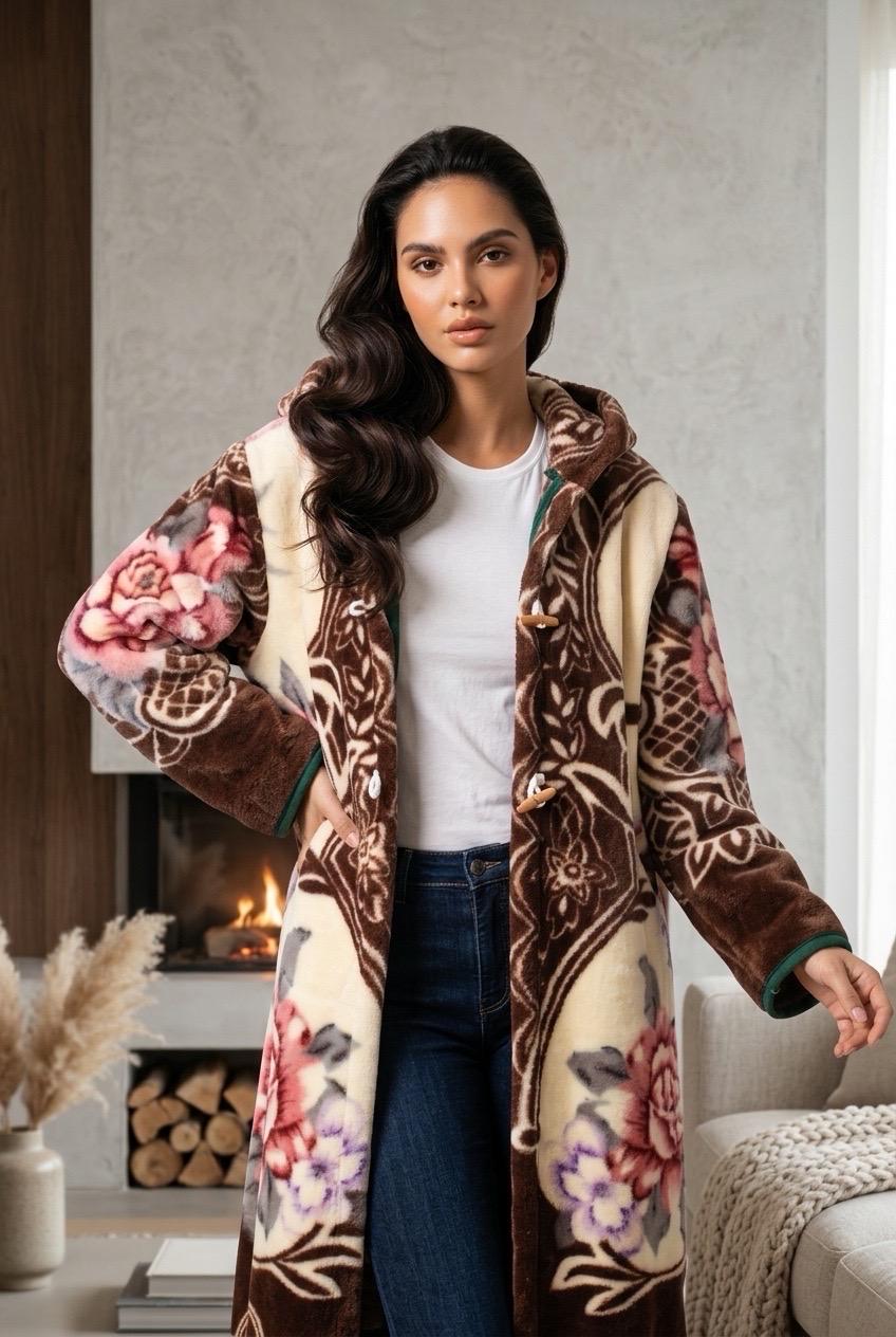 Vintage Floral Fleece Hooded Kimono Jacket - Upcycled Cottagecore Cozy Button Up Overcoat
