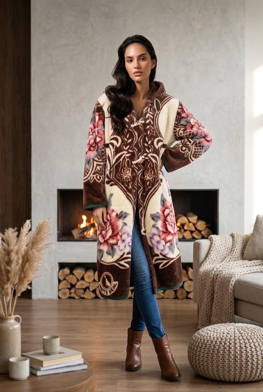 Vintage Floral Fleece Hooded Kimono Jacket - Upcycled Cottagecore Cozy Button Up Overcoat
