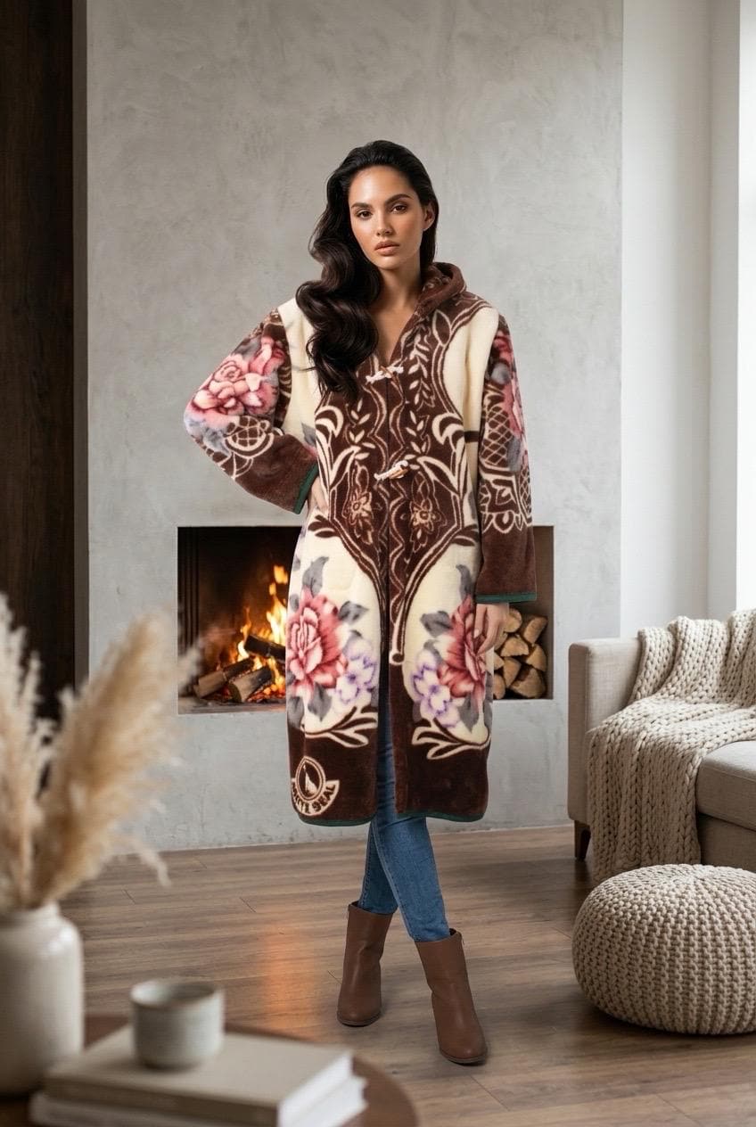 Vintage Floral Fleece Hooded Kimono Jacket - Upcycled Cottagecore Cozy Button Up Overcoat