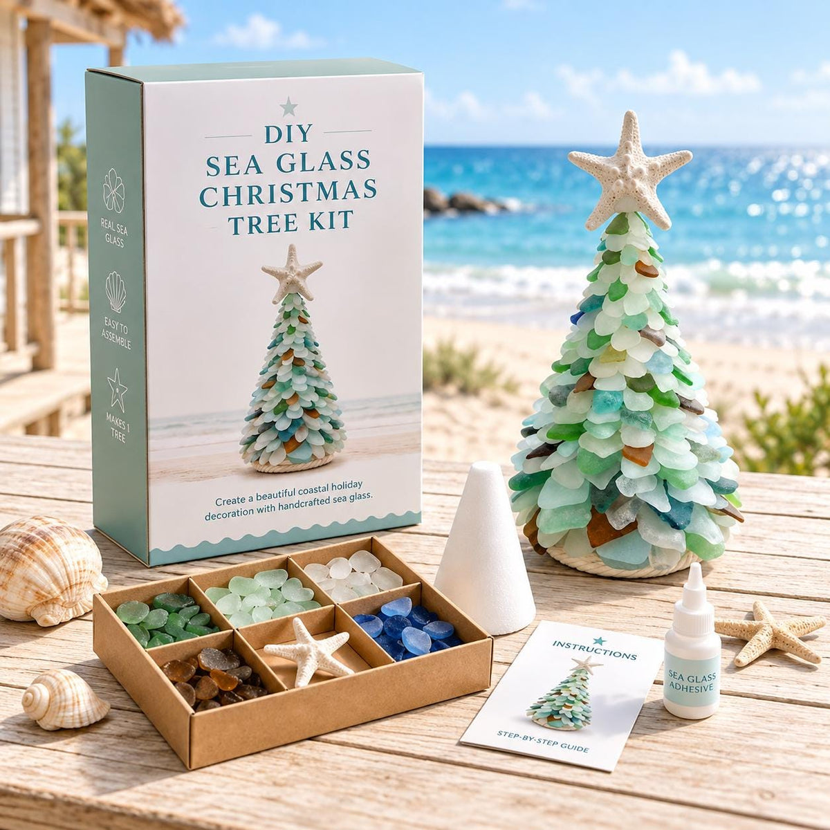 DIY Sea Glass Christmas Tree Kit,Coastal Christmas Craft, Handmade Christmas Gift, Coastal Christmas Gift Set