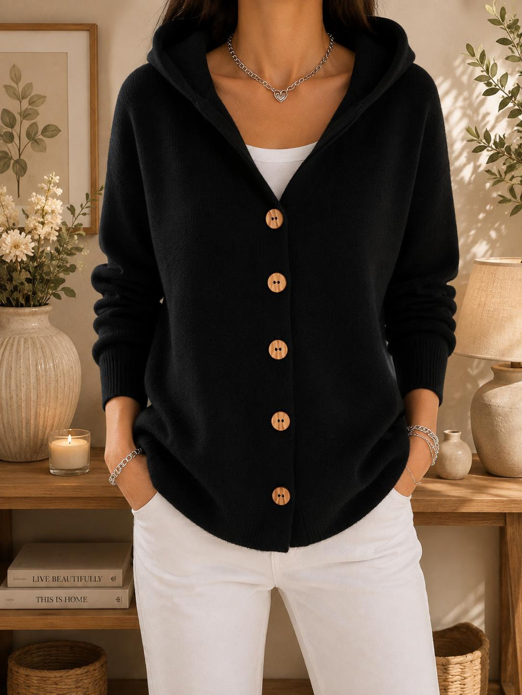 Women's Cozy Hooded Cardigan | Button Front Knit Sweater | Casual Fall Winter Layering