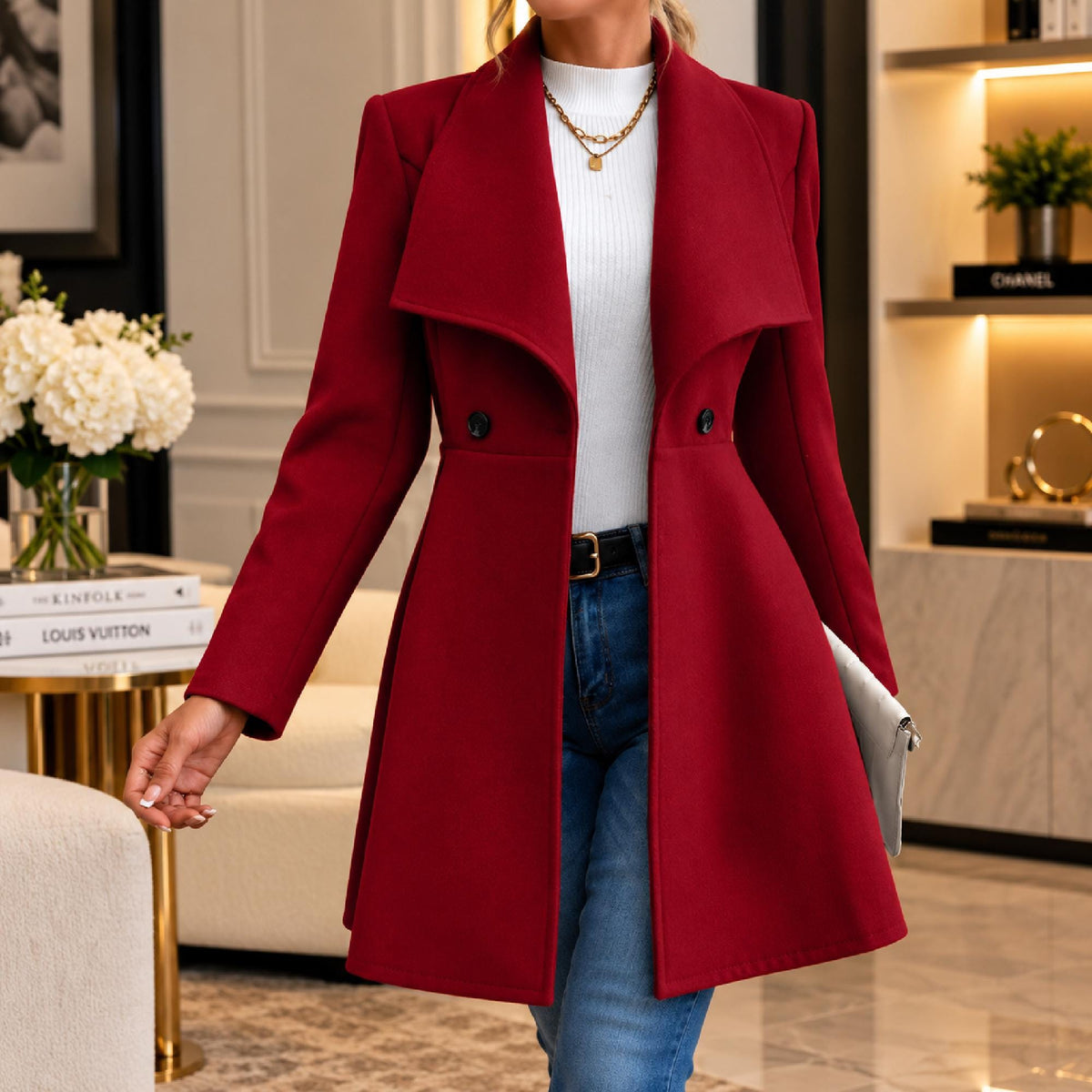 Women's Long Polyester Coat, Elegant Button Front Jacket, Tailored Lapel Outerwear, Casual Fall Winter