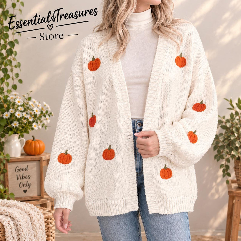 Pumpkin Embroidery Cardigan, Women's Open Front Knit Sweater, Long Sleeve Fall Winter Layering Coat
