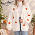 Pumpkin Embroidery Cardigan, Women's Open Front Knit Sweater, Long Sleeve Fall Winter Layering Coat