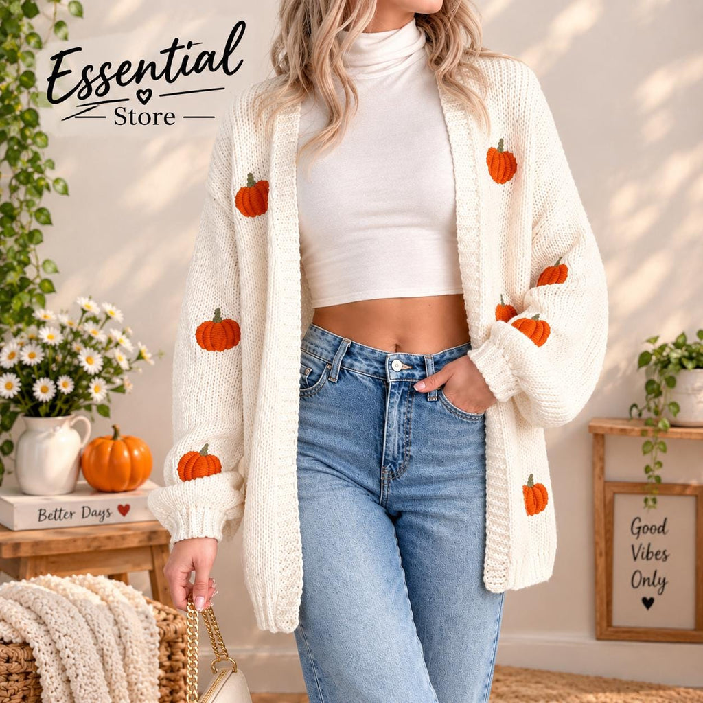Pumpkin Embroidery Cardigan, Women's Open Front Knit Sweater, Long Sleeve Fall Winter Layering Coat