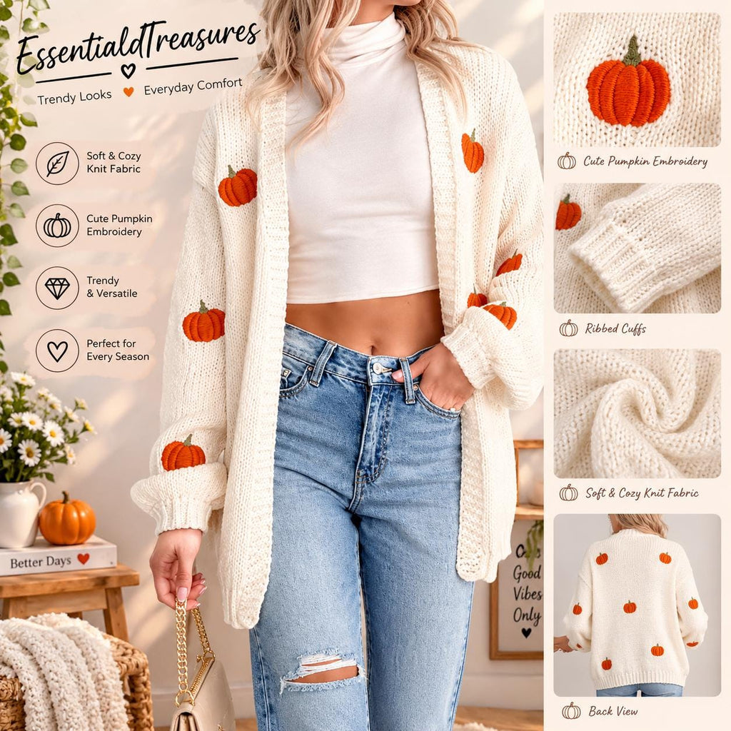 Pumpkin Embroidery Cardigan, Women's Open Front Knit Sweater, Long Sleeve Fall Winter Layering Coat