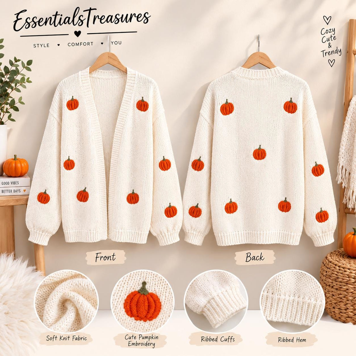 Pumpkin Embroidery Cardigan, Women's Open Front Knit Sweater, Long Sleeve Fall Winter Layering Coat
