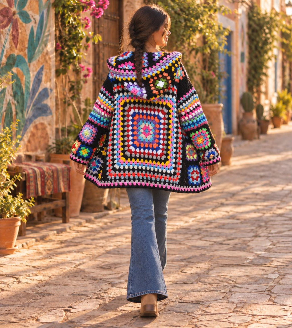 Women's Handmade Wool Blend Knit Cardigan Jacket , Loose Fit Crochet Fall Coat Boho Clothes  Brown Black