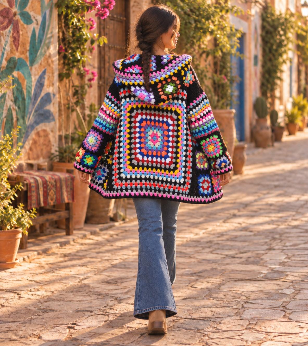 Women's Handmade Wool Blend Knit Cardigan Jacket , Loose Fit Crochet Fall Coat Boho Clothes  Brown Black