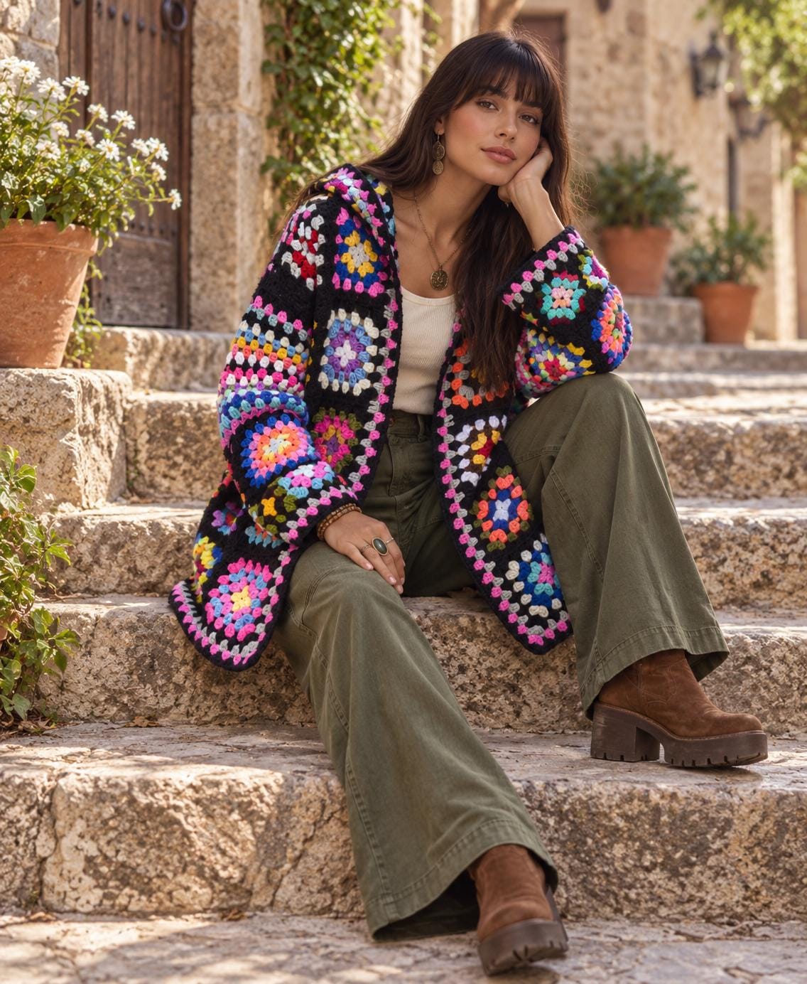 Women's Handmade Wool Blend Knit Cardigan Jacket , Loose Fit Crochet Fall Coat Boho Clothes  Brown Black