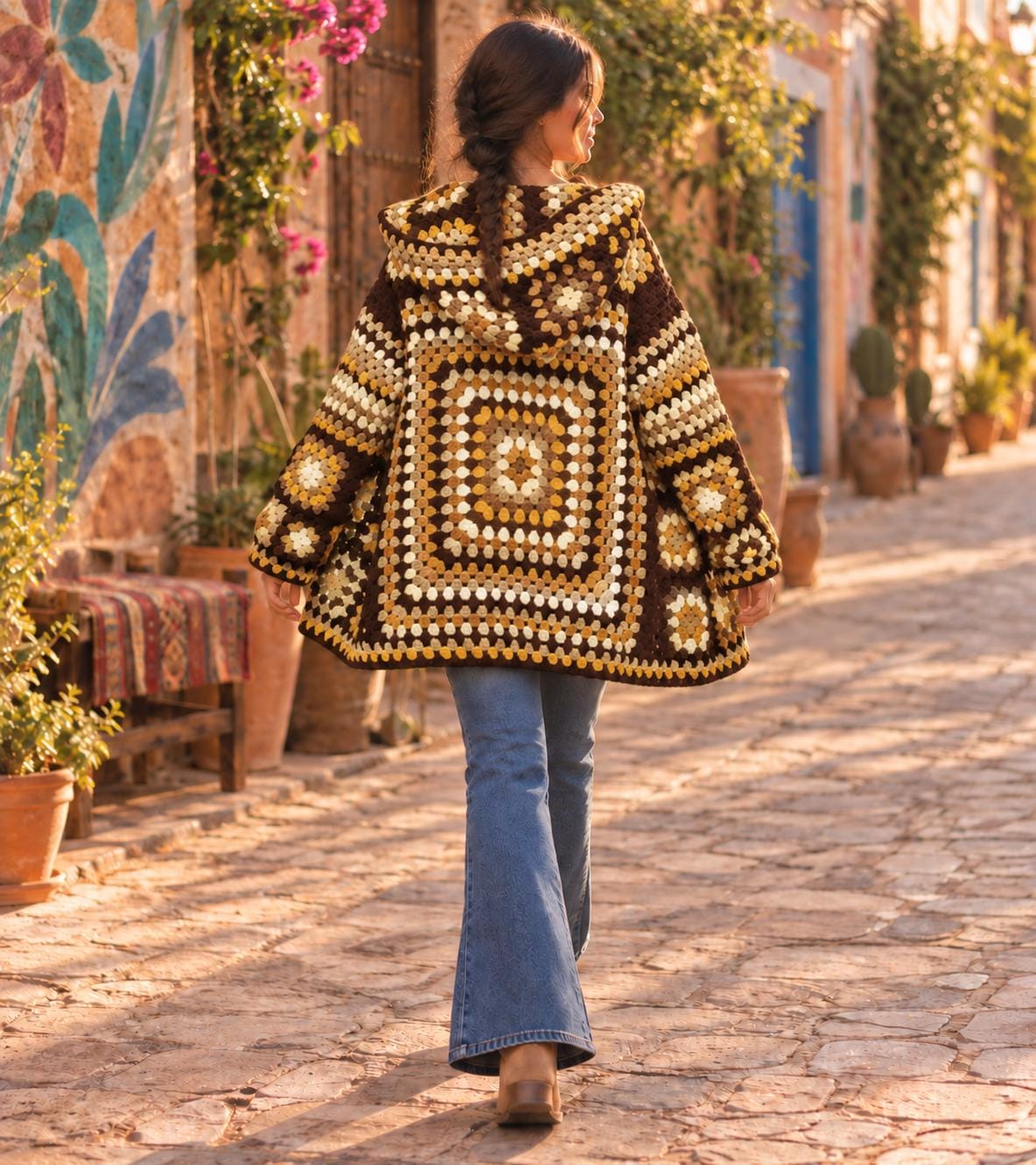 Women's Handmade Wool Blend Knit Cardigan Jacket , Loose Fit Crochet Fall Coat Boho Clothes  Brown Black