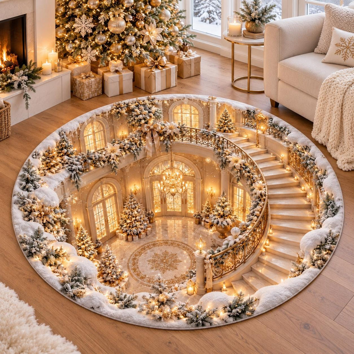 3D Illusion Christmas Round Rug, Elegant White Gold Staircase Floor Mat, Snowy Winter Wonderland Holiday Home Decor