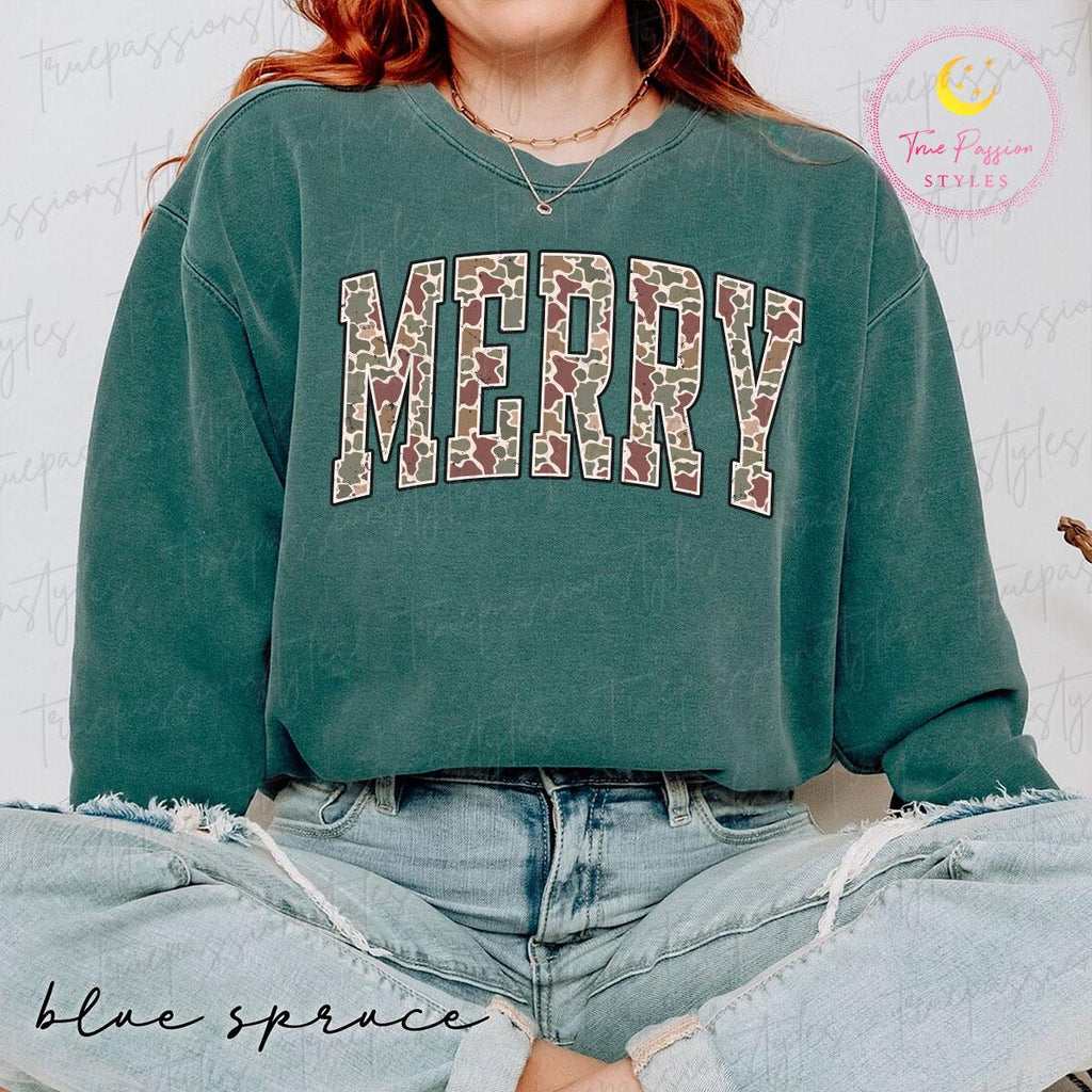 Camo Merry Christmas Sweatshirt, Holiday Xmas Gift, Retro Merry Shirt, Festive Holiday Sweater, Womens Christmas Vibes Outfit S074346