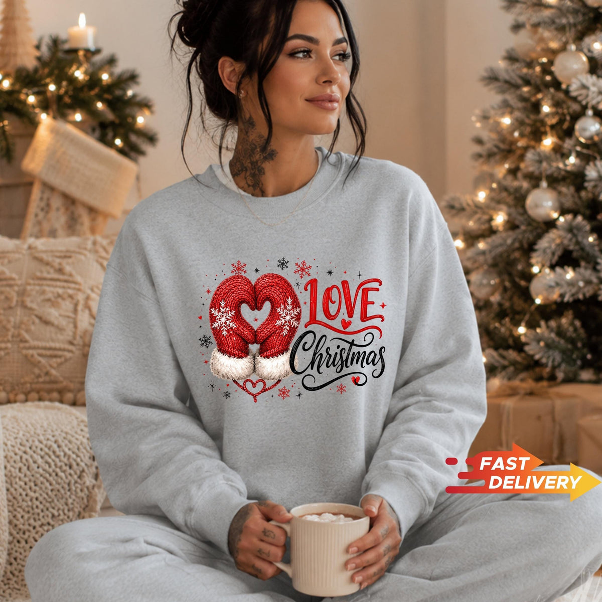 Christmas Sweatshirt, Christmas Shirt, Love Christmas Tee, Cute Mitten Xmas Top, Holiday Gift for Her, Winter Pullover, Festive Apparel