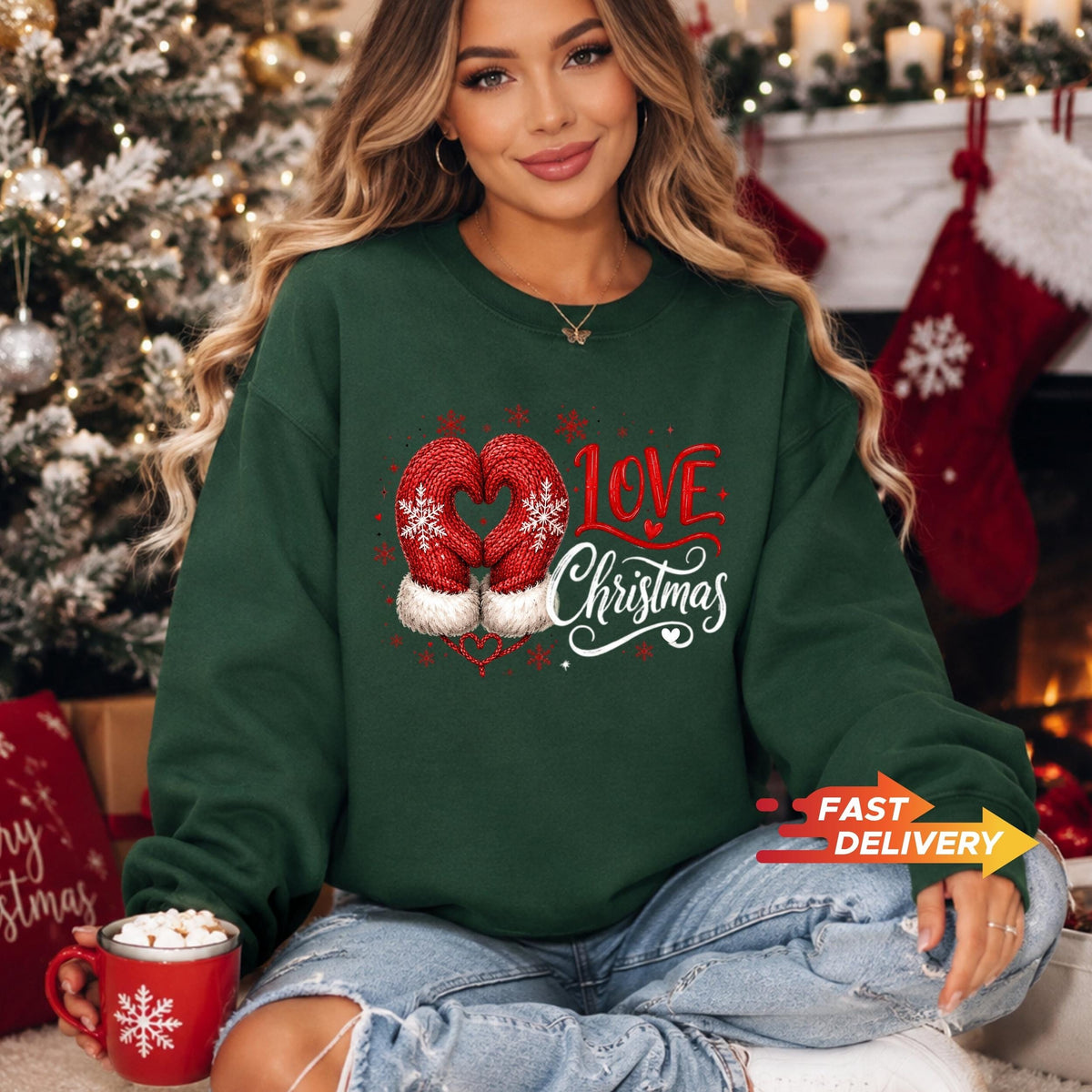 Christmas Sweatshirt, Christmas Shirt, Love Christmas Tee, Cute Mitten Xmas Top, Holiday Gift for Her, Winter Pullover, Festive Apparel