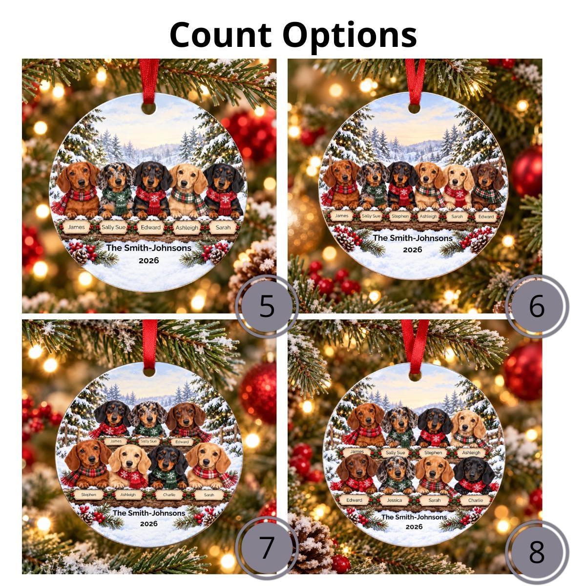 Personalized Dachshund Family Metal Ornament | Custom Names, Snowy Christmas Scene, 2026