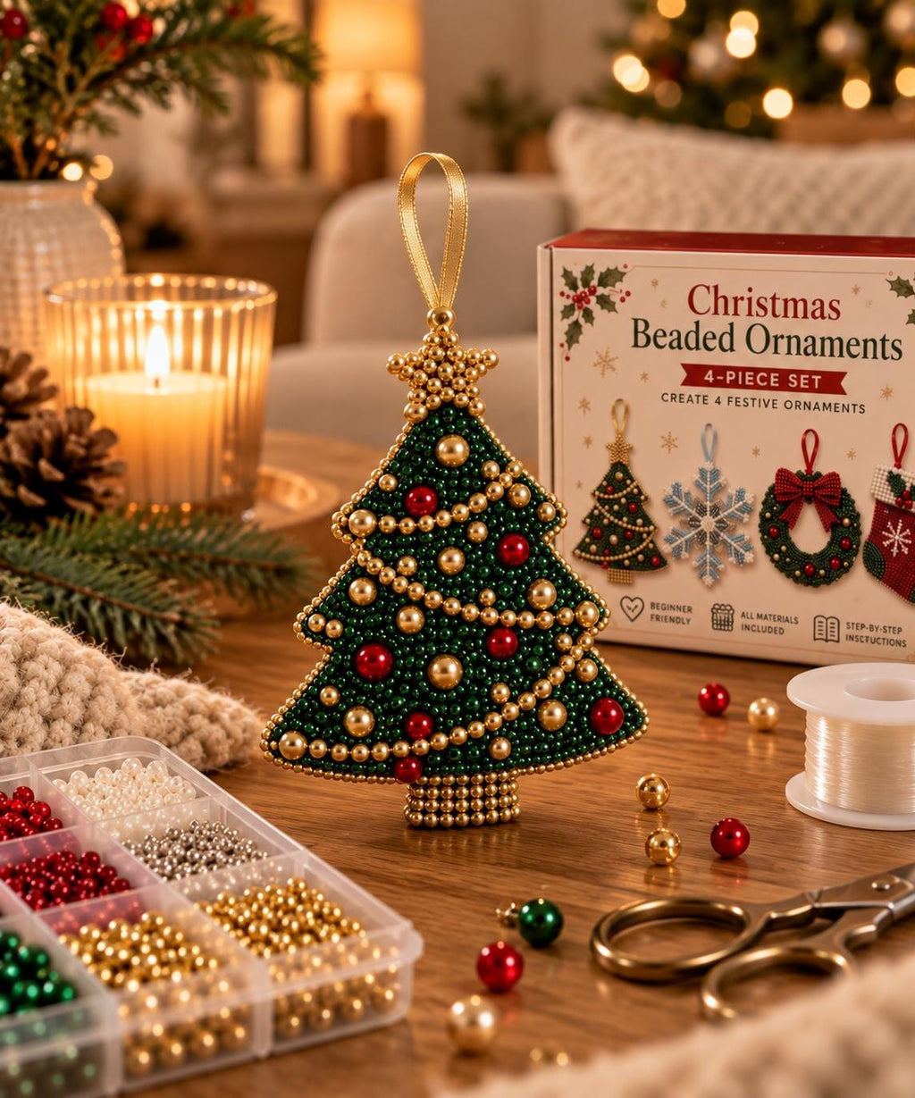 4 Pieces Christmas Beaded Ornament Kit – DIY Christmas Tree Decorations – Snowflake, Wreath, Stocking & Tree Craft Set