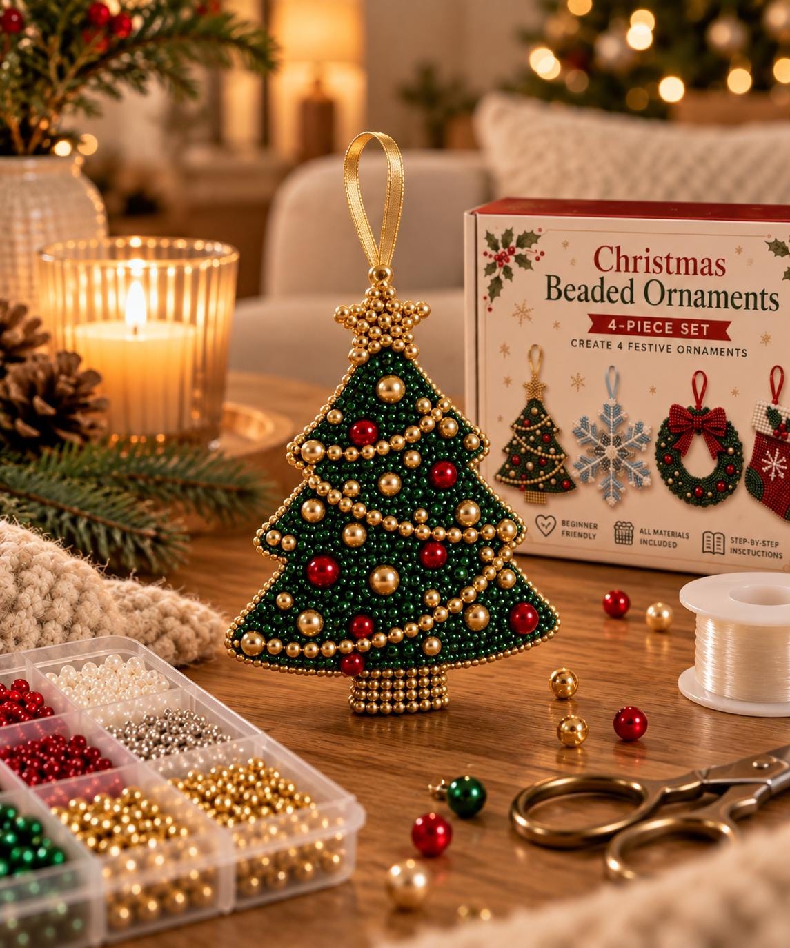 4 Pieces Christmas Beaded Ornament Kit – DIY Christmas Tree Decorations – Snowflake, Wreath, Stocking & Tree Craft Set
