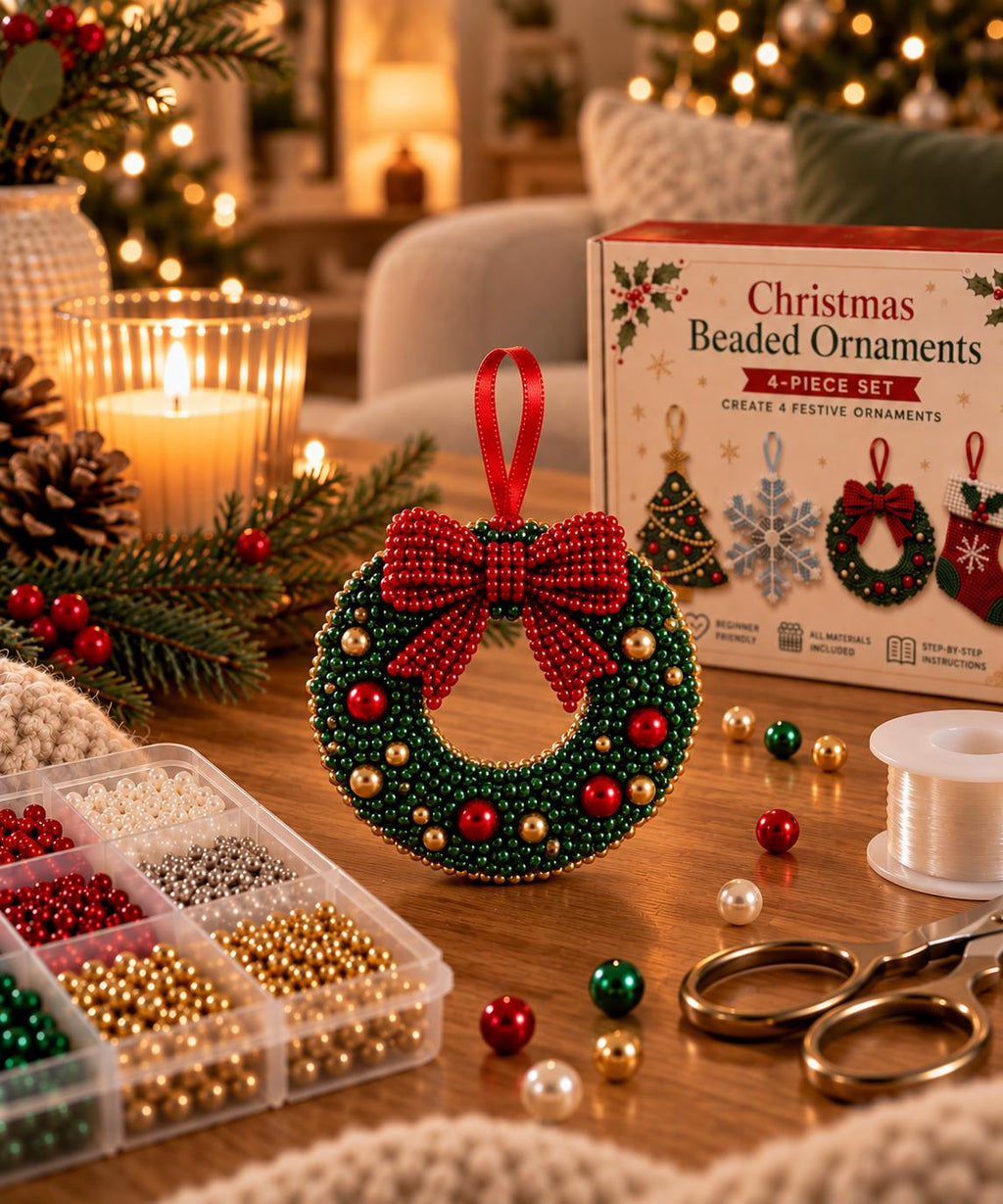 4 Pieces Christmas Beaded Ornament Kit – DIY Christmas Tree Decorations – Snowflake, Wreath, Stocking & Tree Craft Set