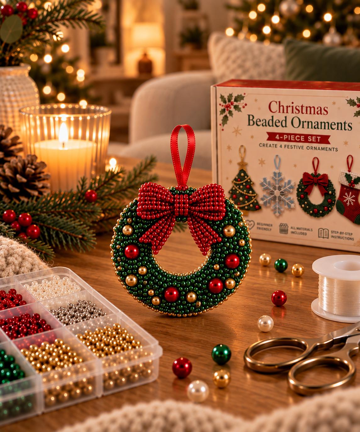 4 Pieces Christmas Beaded Ornament Kit – DIY Christmas Tree Decorations – Snowflake, Wreath, Stocking & Tree Craft Set