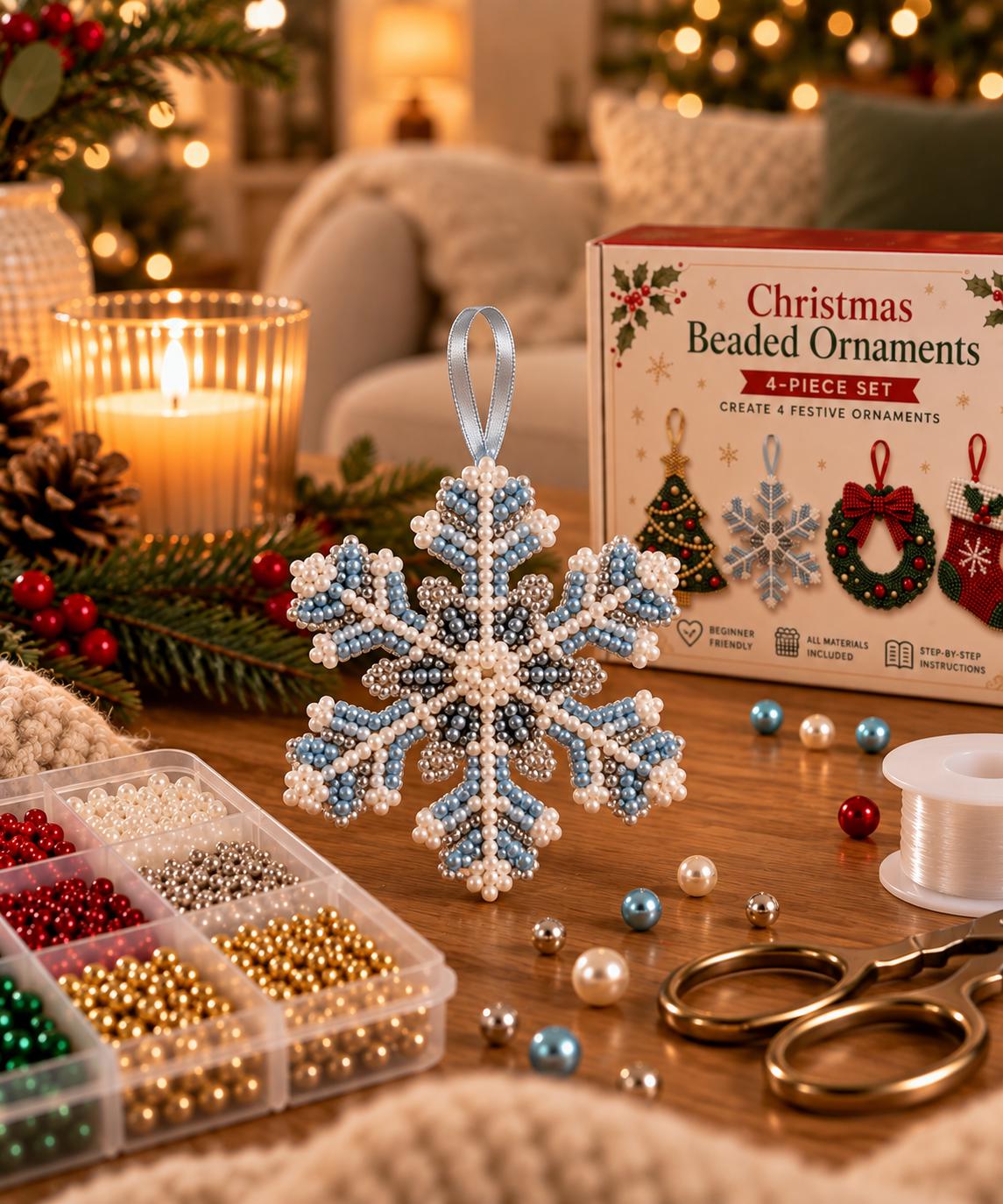 4 Pieces Christmas Beaded Ornament Kit – DIY Christmas Tree Decorations – Snowflake, Wreath, Stocking & Tree Craft Set